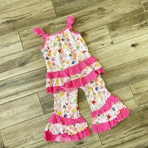 Ann Loren Girls Sz 6 Pink Colorful Paper Doll Ruffle Bottom Top Pants Outfit Set